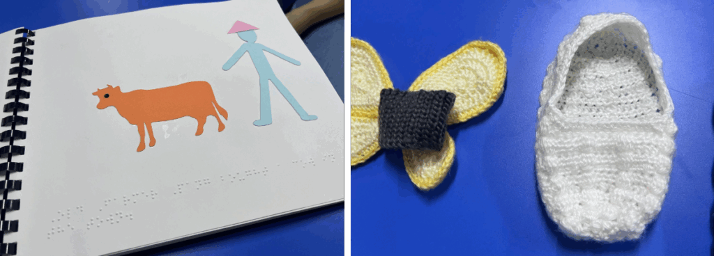 Different handmade adaptations of The Very Hungry Caterpillar: one featuring a textured caterpillar, another with only a raised apple, highlight the challenges of achieving consistency in tactile storytelling.